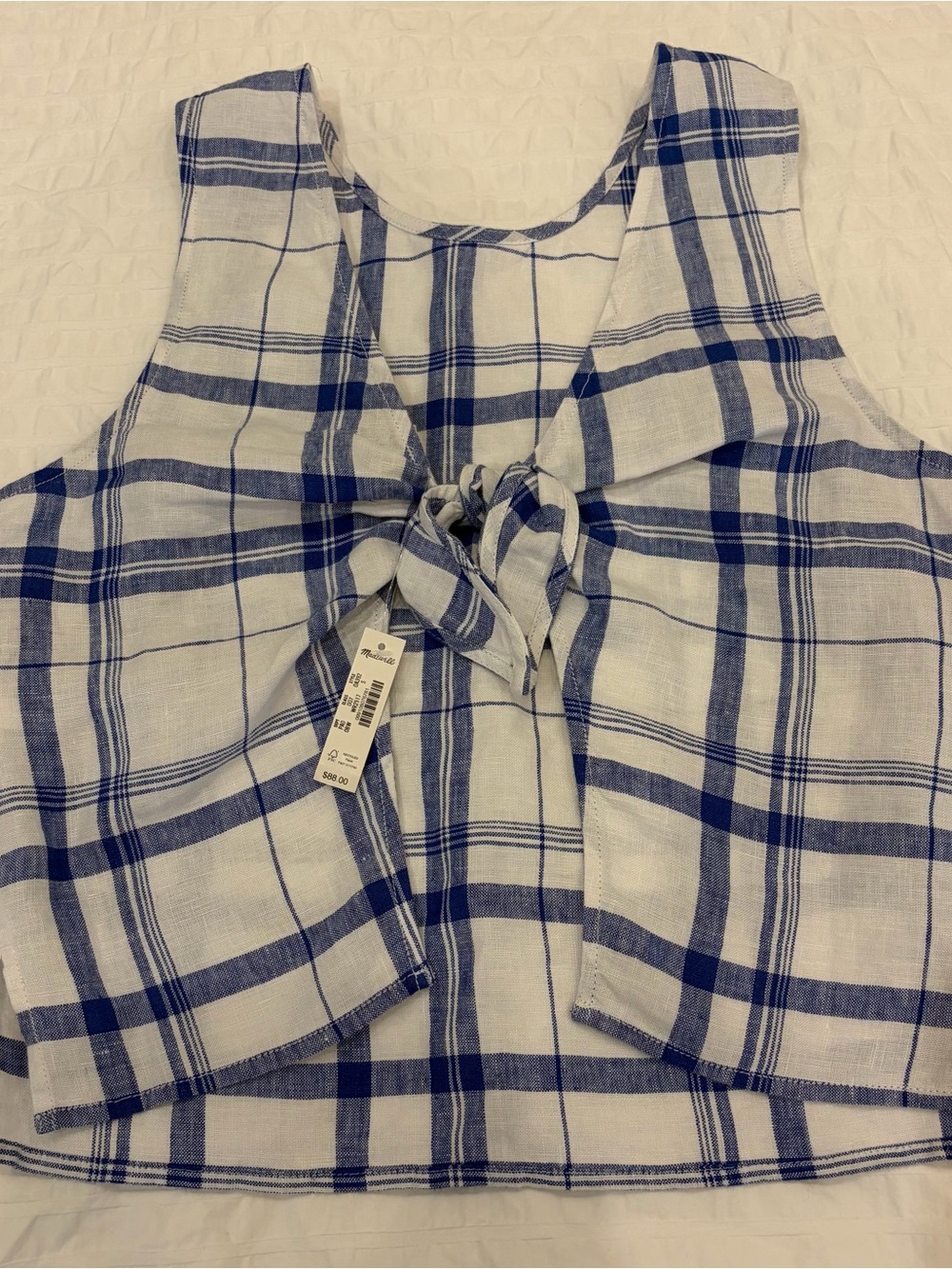 NWT Madewell Tie-Back Shell Top in 100% Linen in Oversized Blue White Plaid - Picture 6 of 6